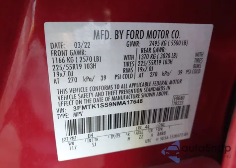 2022 Ford Mustang Mach-E Select z USA, uszkodzony, nr VIN 3FMTK1SS9NMA17648